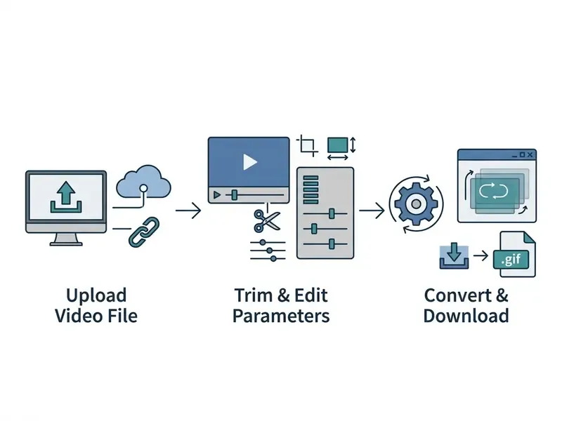 Flowchart depicting the three stages of uploading, editing, and downloading a video to GIF file
