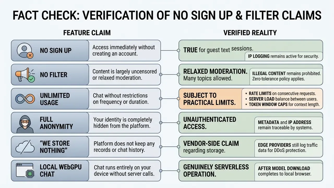 Comparison table contrasting common AI chat no filter no sign up feature claims with technical realities