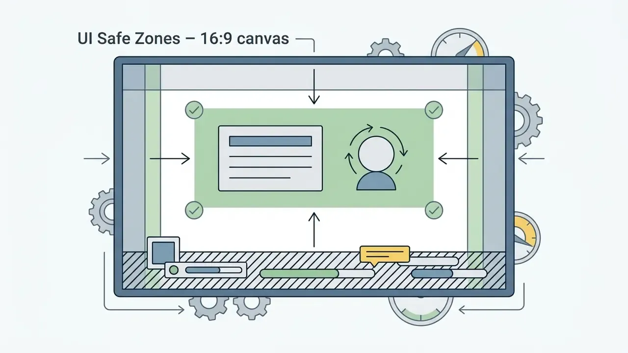 Rectangular canvas with a central green safe zone for text and character placement surrounded by gear icons