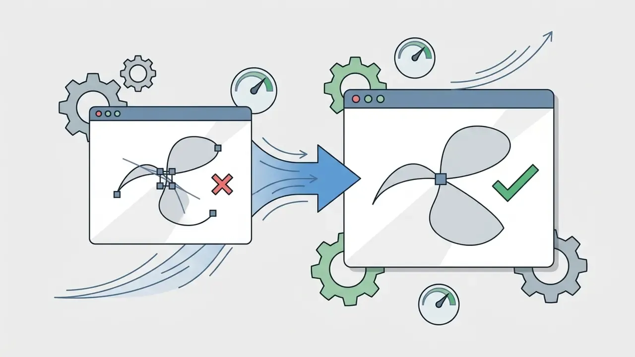 Vector path optimization showing a messy shape transformed into a clean graphic with gears and speedometers
