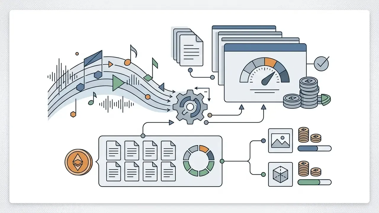 Musical notes and sound waves feeding into a central gear connected to gauges and credit stacks