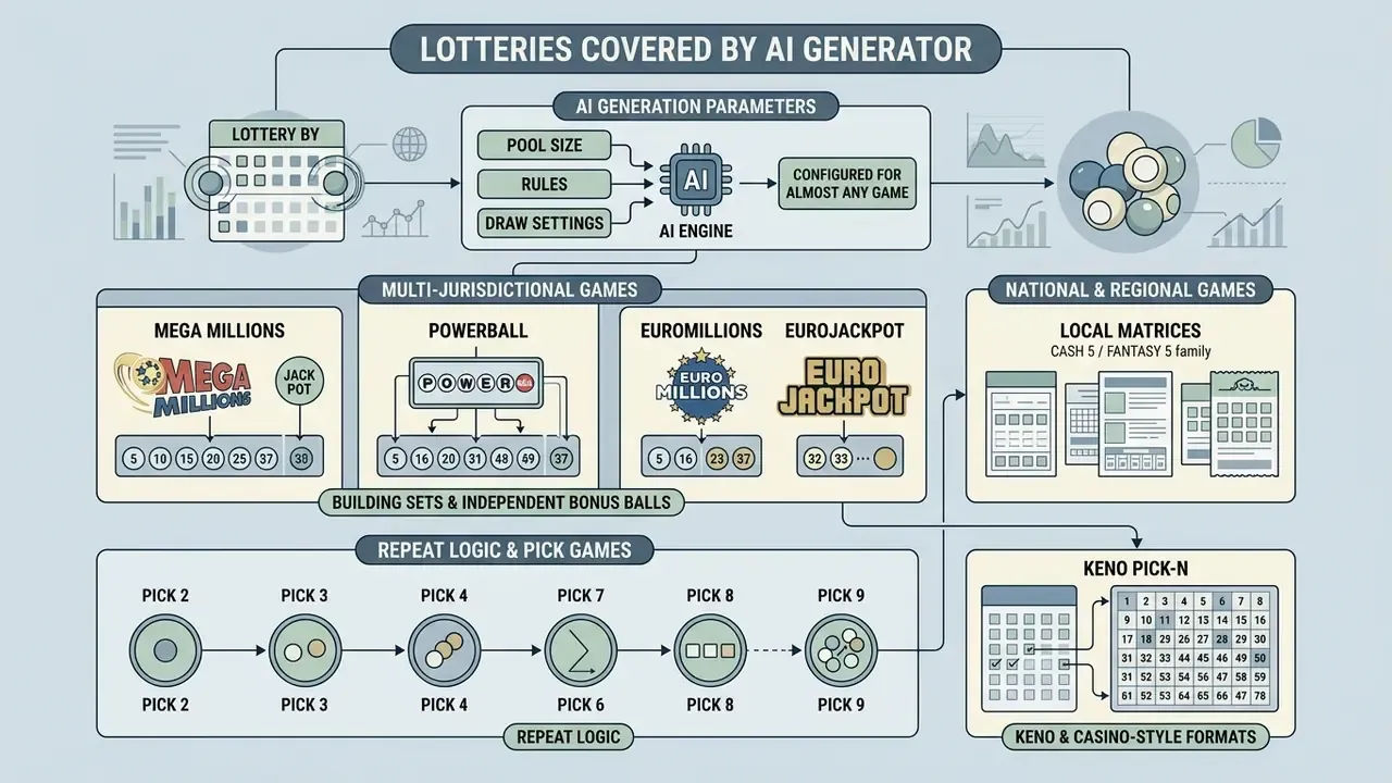 Infographic showing how an AI lottery generator configures parameters for diverse national and local games