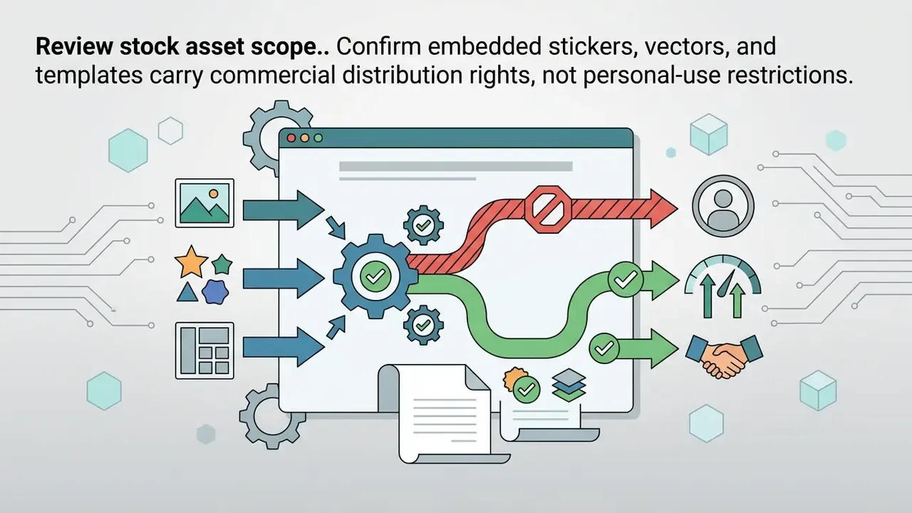 Graphics showing assets flowing into a gear system that separates commercial rights from restricted items