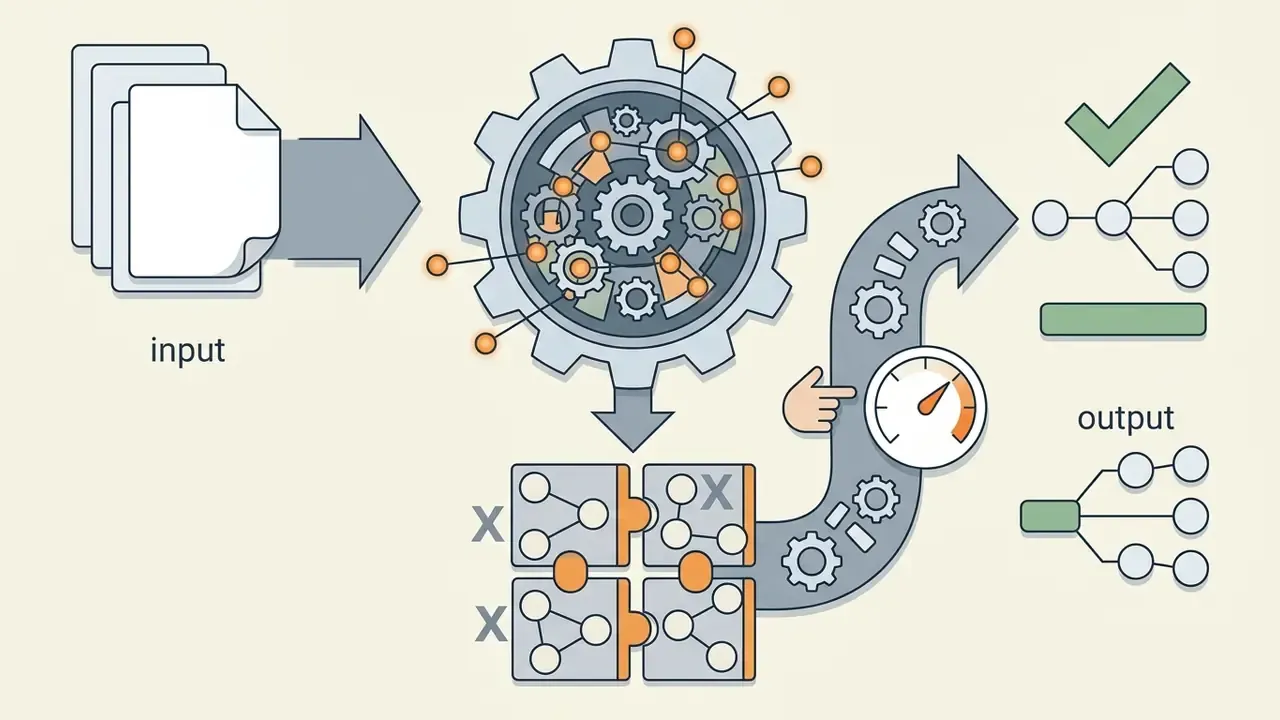 Documents flowing through a processing gear and critique stage to produce verified hierarchical structures