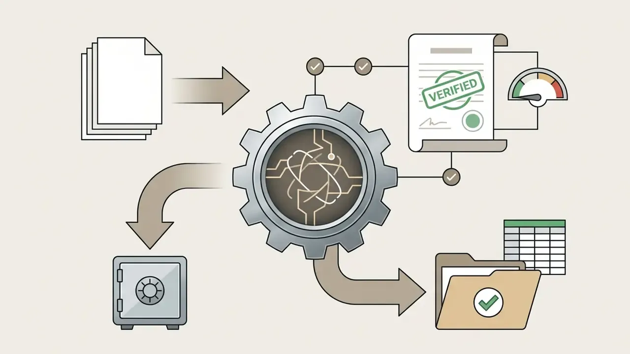 Diagram showing documents flowing through a central gear processor to secure storage and data folders