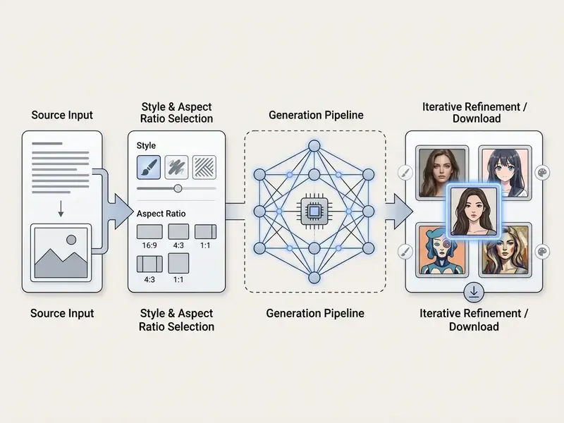 Flowchart showing the steps from source input and style selection to AI generation and image refinement
