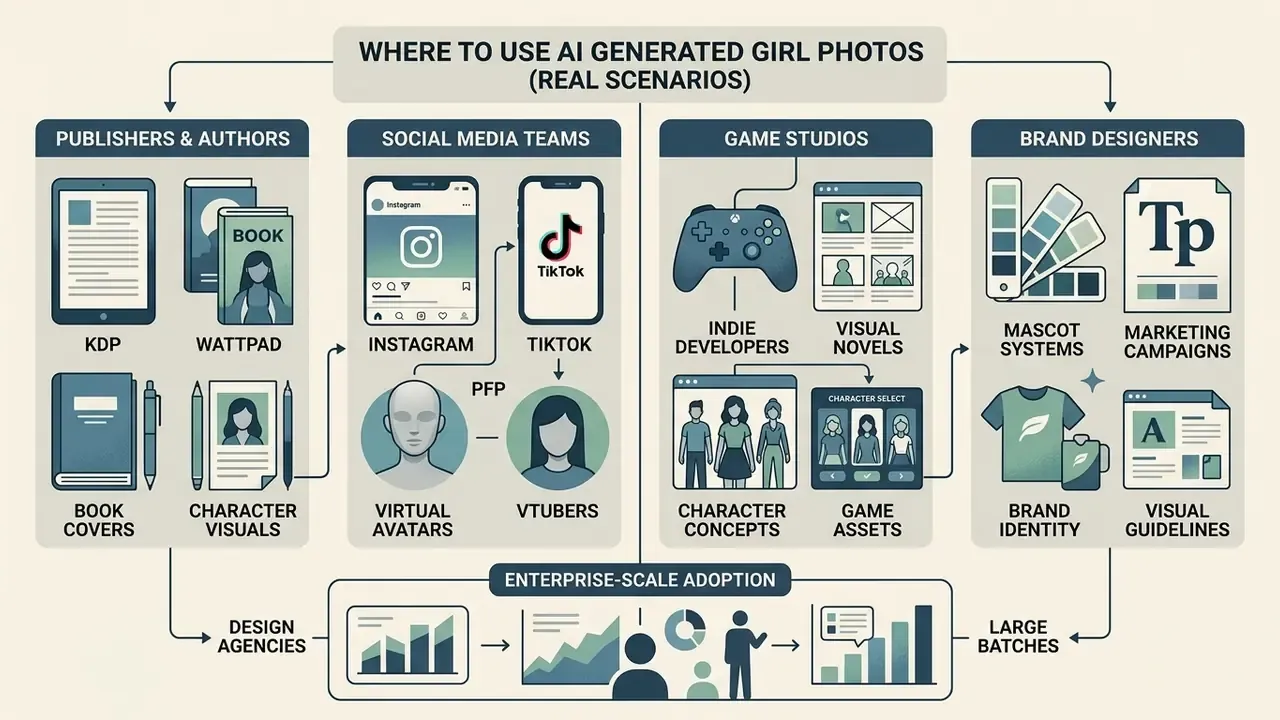 Infographic mapping professional use cases for synthetic portraits across publishing, social, and gaming