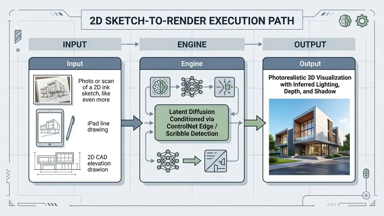 System showing 2D sketch inputs processed by latent diffusion to produce photorealistic 3D visualizations
