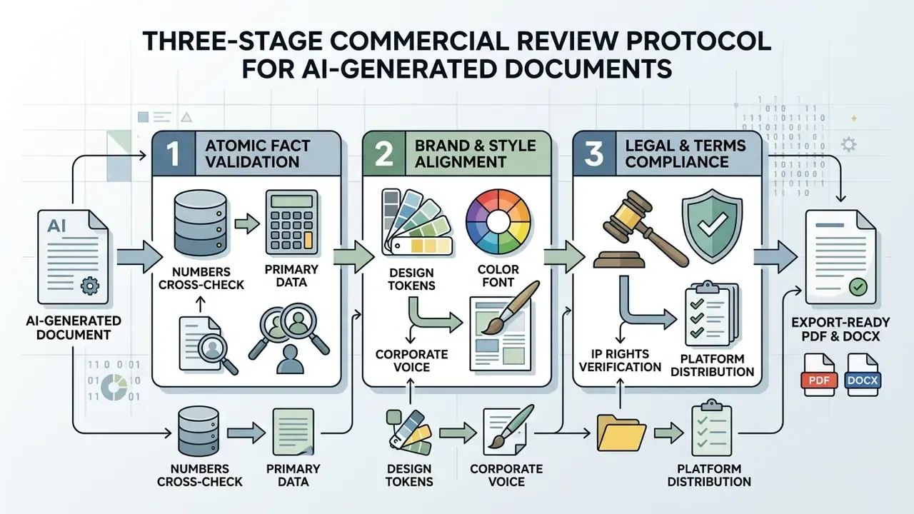 Three-stage process for validating facts, aligning brand style, and ensuring legal compliance for documents