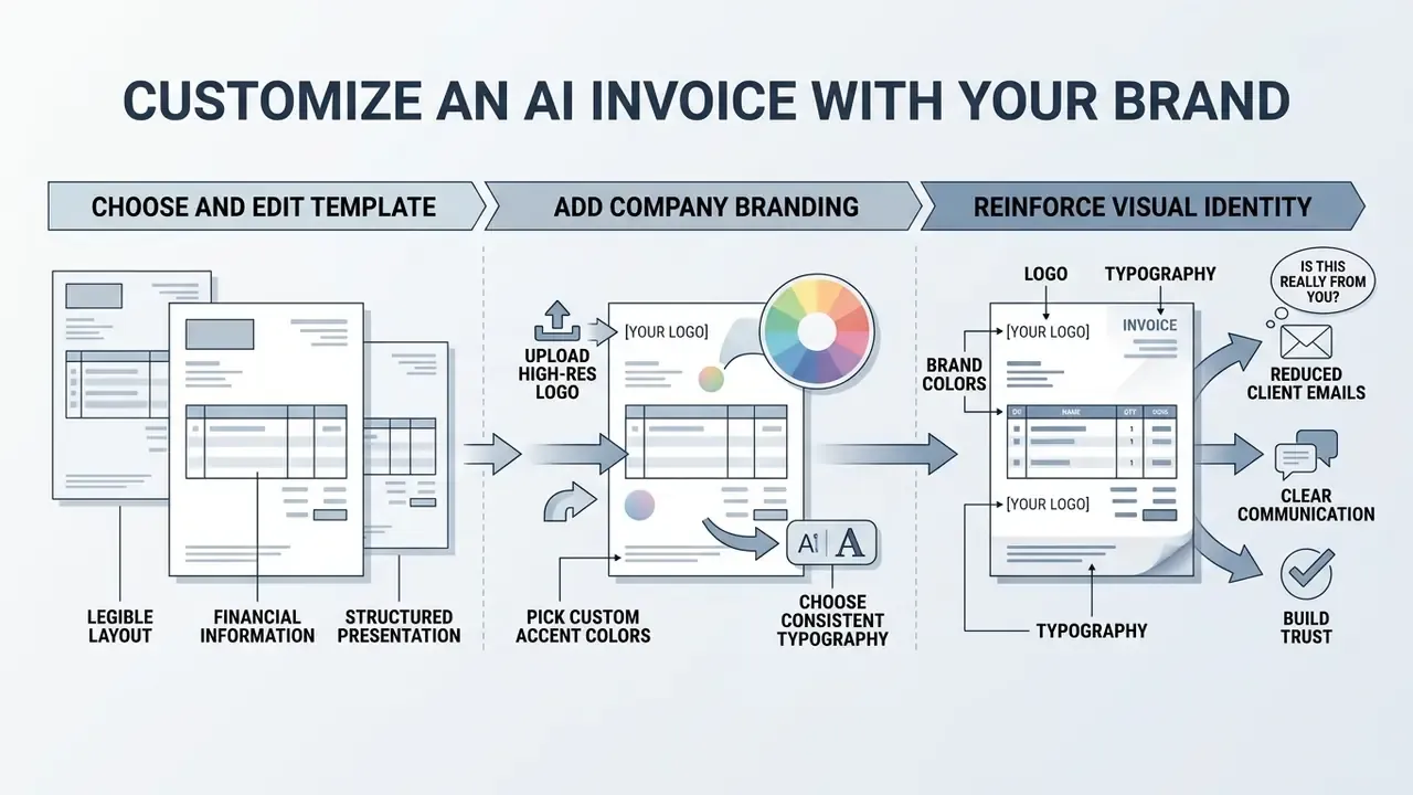 Step-by-step process of adding logos, colors, and typography to an AI invoice template for branding