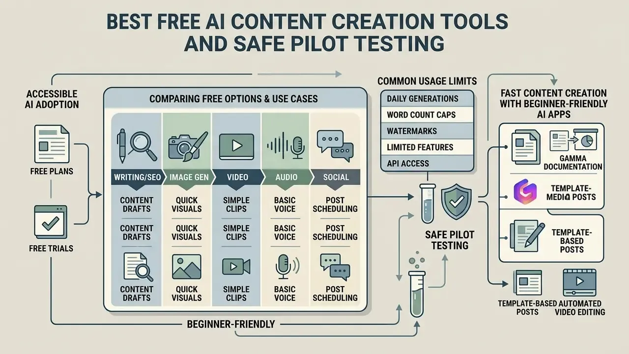 Infographic summarizing free AI content creation tools, usage limits, and safe pilot testing workflows