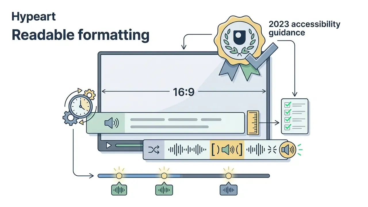 Monitor showing video timeline with audio waveforms and accessibility compliance icons