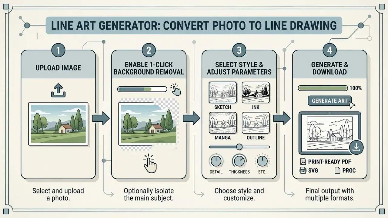 Four-step infographic showing the process to upload, edit, style, and download a line art generator file