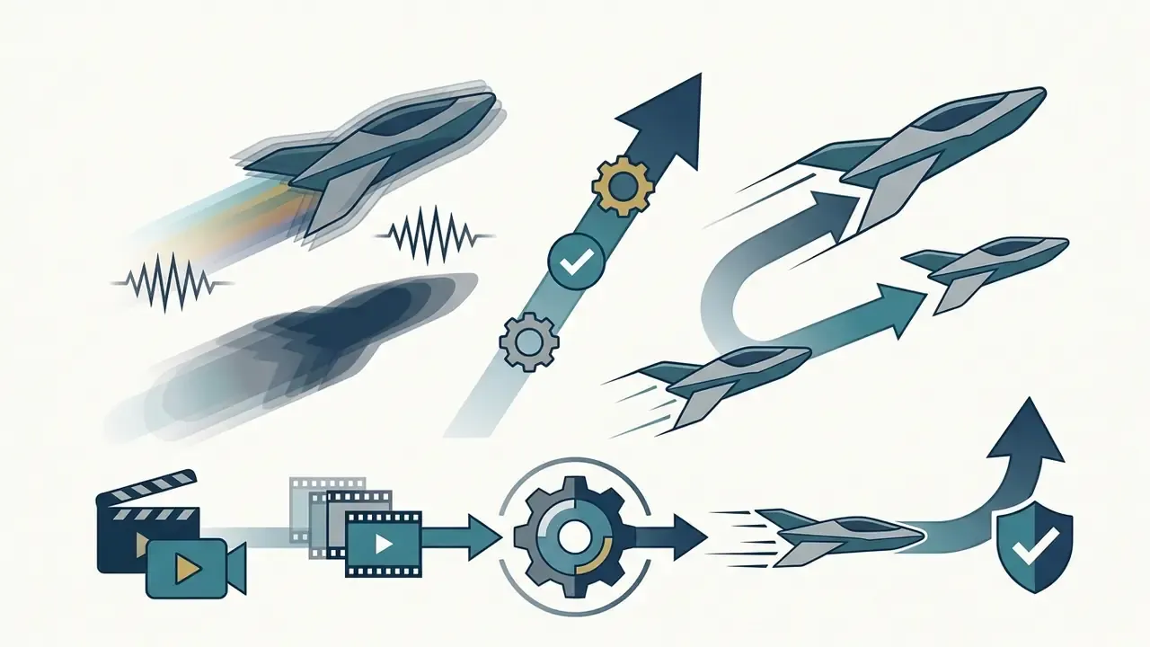 Stylized rockets moving through gears and arrows representing smooth motion and processed video frames