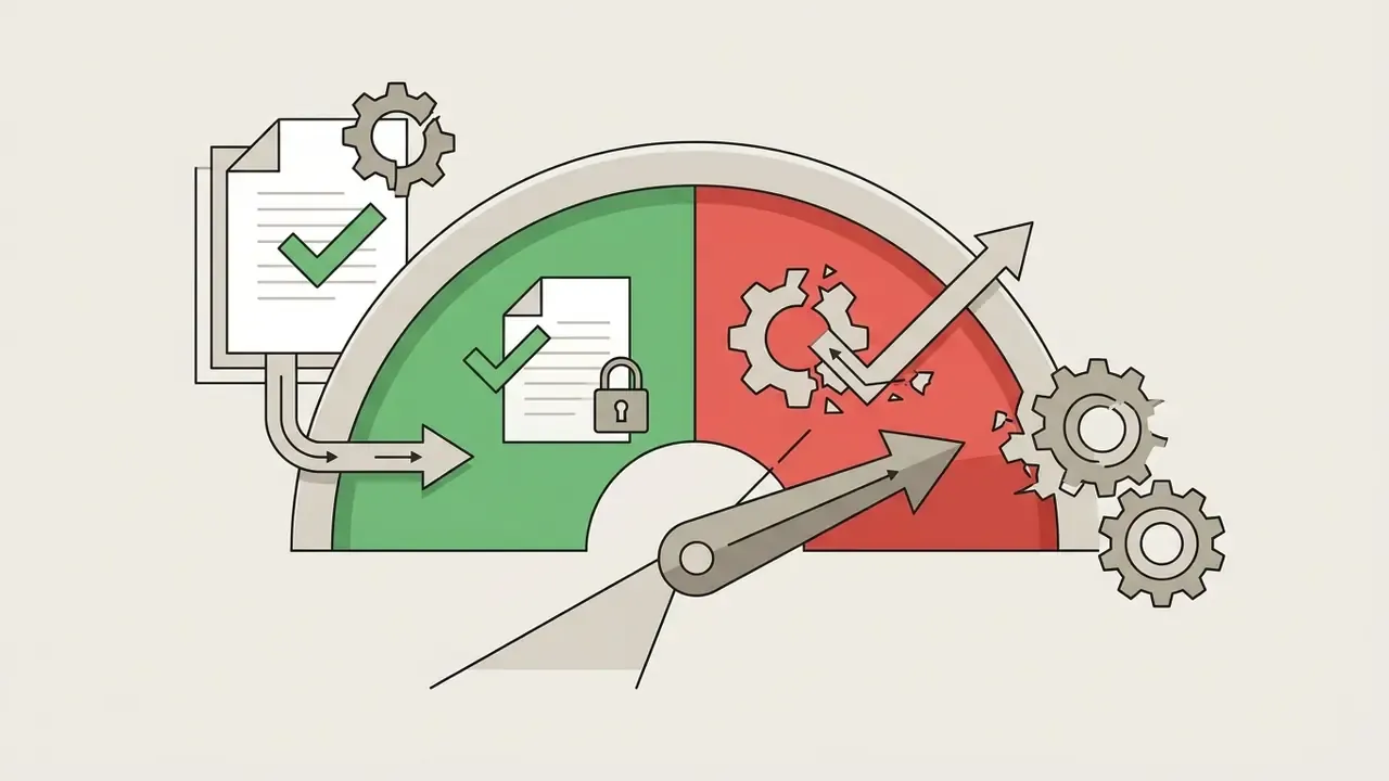 Gauge moving from a secure green zone with documents to a red zone where mechanical gears are breaking
