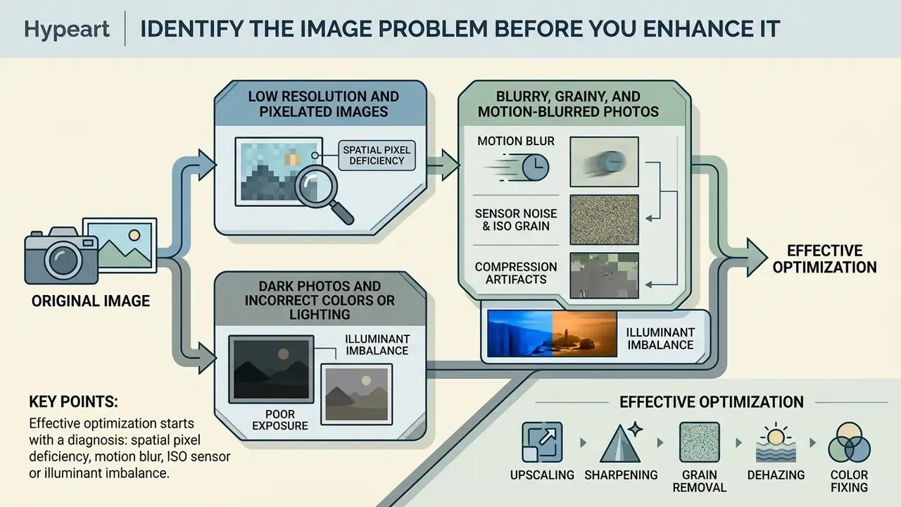 Infographic showing common photo defects like pixelation, blur, noise, and lighting issues for correction