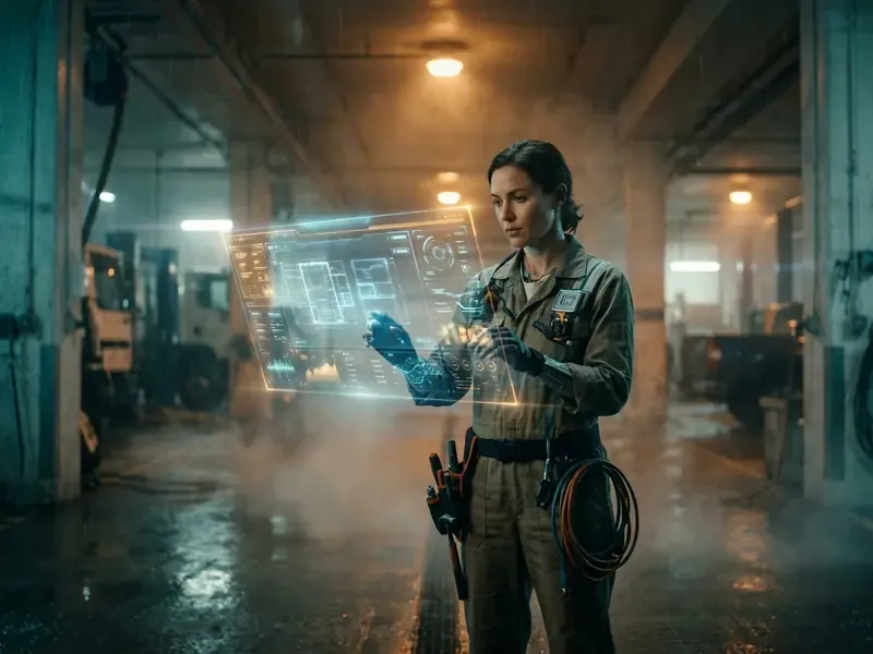 Cybernetic engineer inspecting a glowing holographic interface inside a moody rain-soaked service bay
