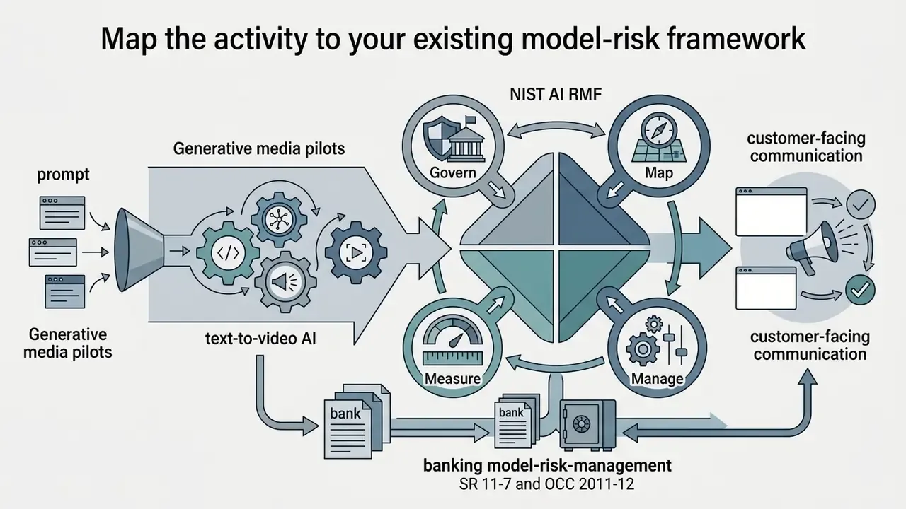 Process flow connecting text to video AI inputs to NIST AI RMF governance and banking risk frameworks