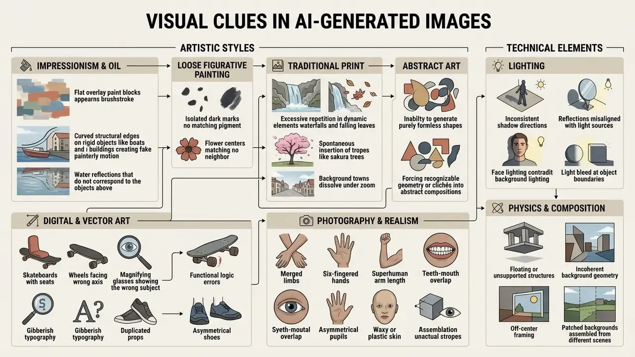 Categorized guide detailing common visual inconsistencies and artifacts found in AI-generated art