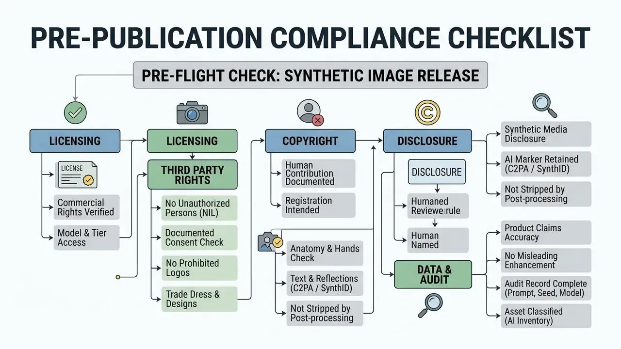 Sequential diagram outlining licensing, copyright, disclosure, and audit steps for synthetic media release