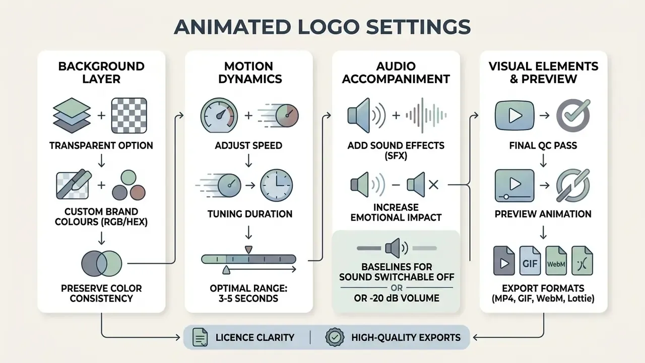 Four-step guide detailing background, motion, audio, and visual settings for customizing logo animations