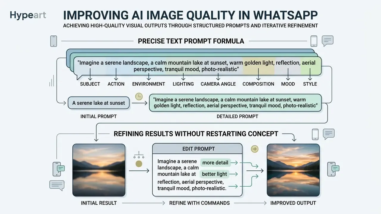 Infographic showing a prompt formula for WhatsApp AI image generation and a workflow for refining results