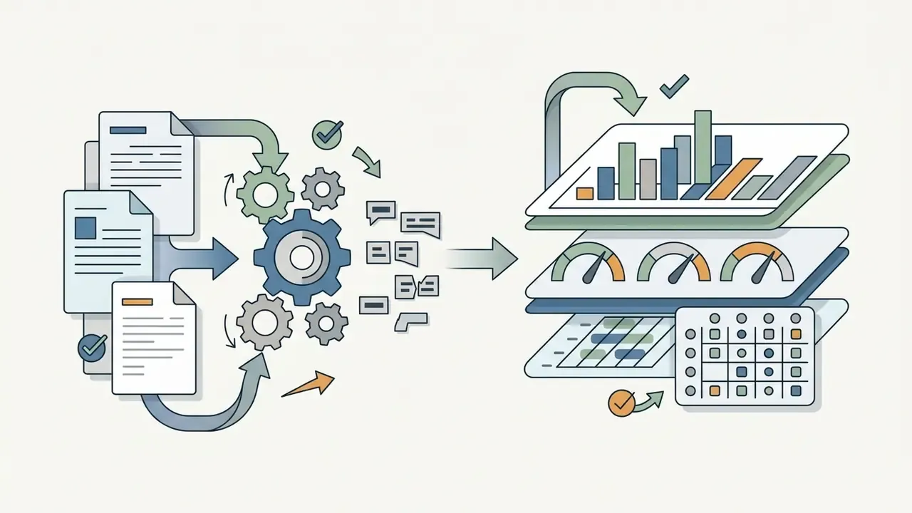 Diagram showing documents feeding into a gear mechanism that outputs data charts and status indicators