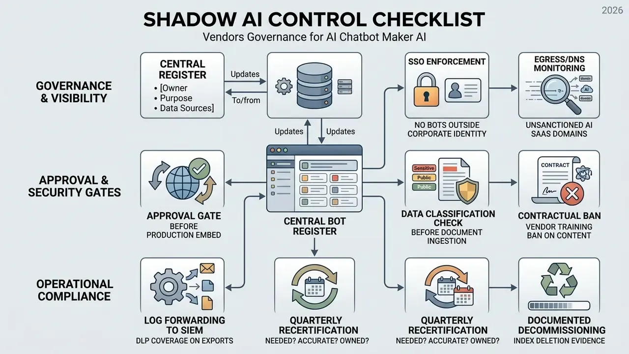 A governance framework diagram mapping security controls and compliance steps for enterprise bot management