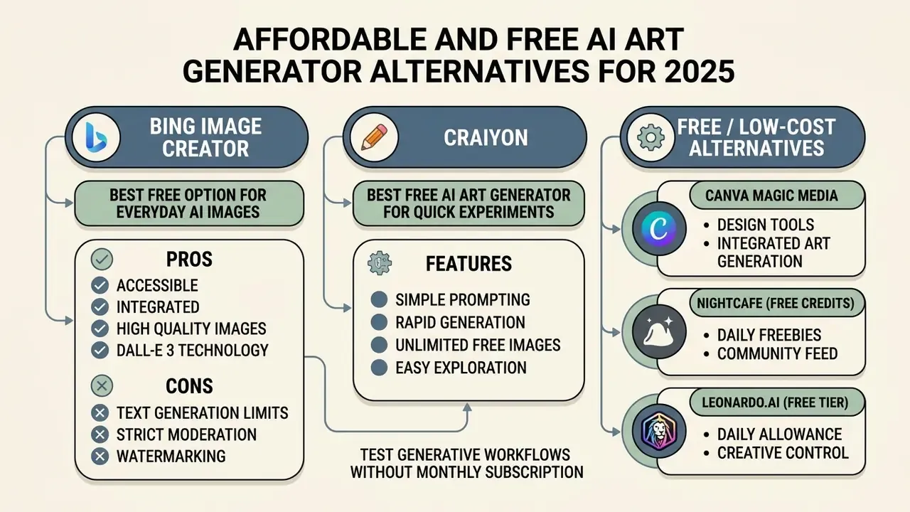 Comparison chart of free AI art generators listing pros and cons for Bing Image Creator and other tools