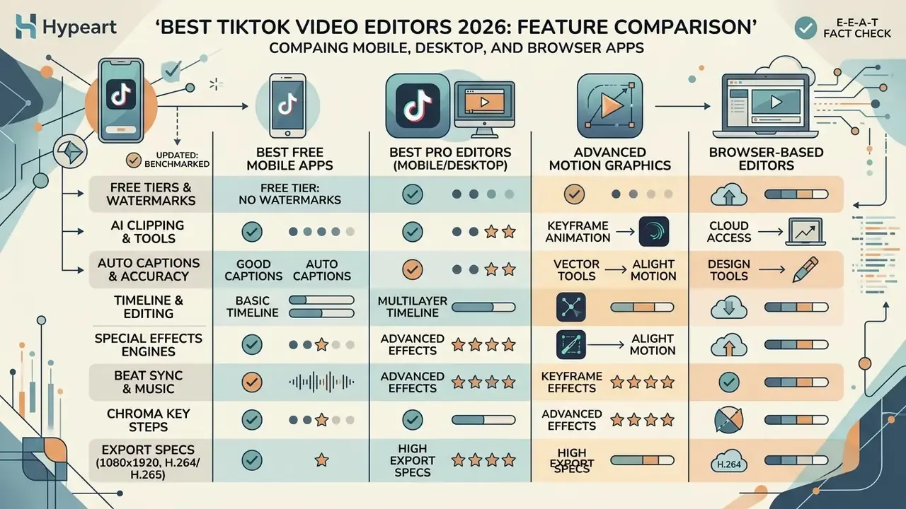 Comparison table evaluating mobile, desktop, and browser software features for creating short videos