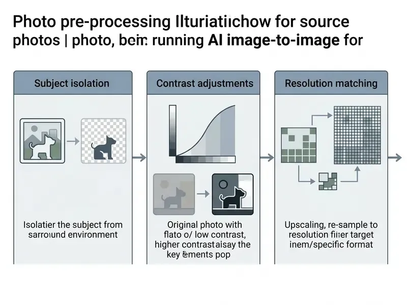 Three step diagram showing subject isolation, contrast adjustments, and resolution matching for source photos