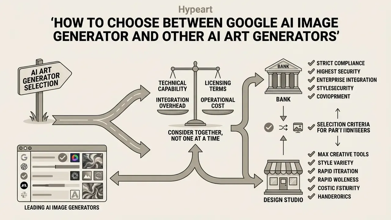 Decision matrix comparing technical factors and business needs for selecting AI art generation tools