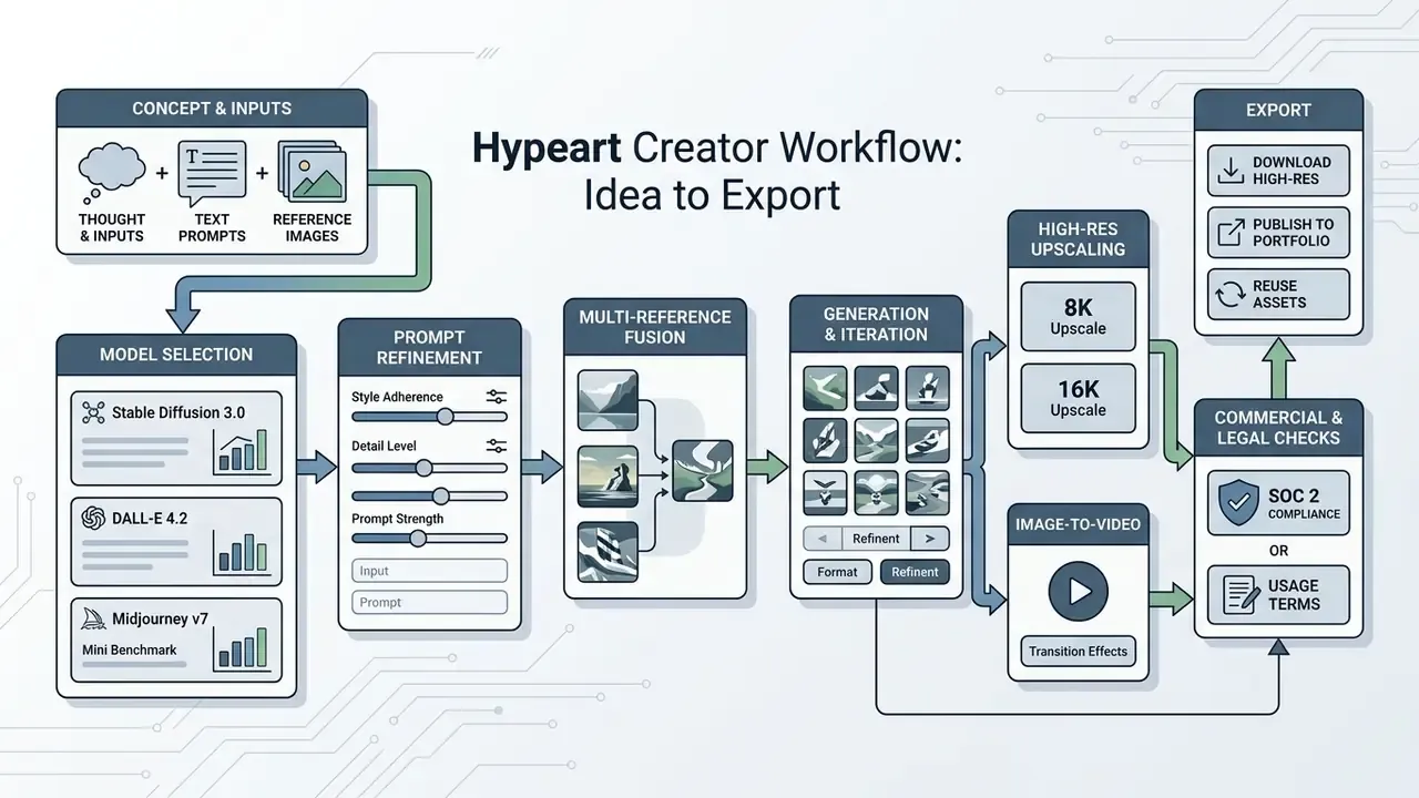 Flowchart illustrating the creative process from initial concept and model selection to final export