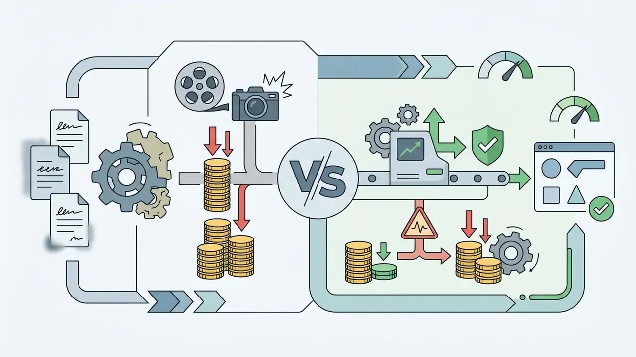 Comparison of manual document processing costs versus automated digital workflows with efficiency metrics