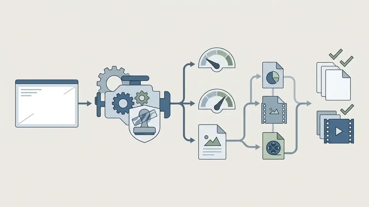 Engine icon processing digital assets into various output formats with resolution and watermark controls