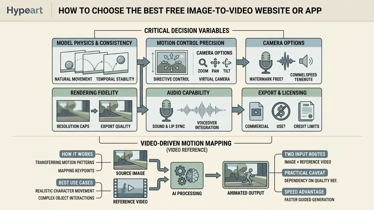 Infographic detailing critical decision variables and motion mapping for a free AI image to video app