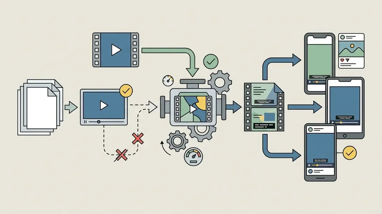 Documents and video files merging into a gear-driven processor to output hardcoded videos for mobile apps