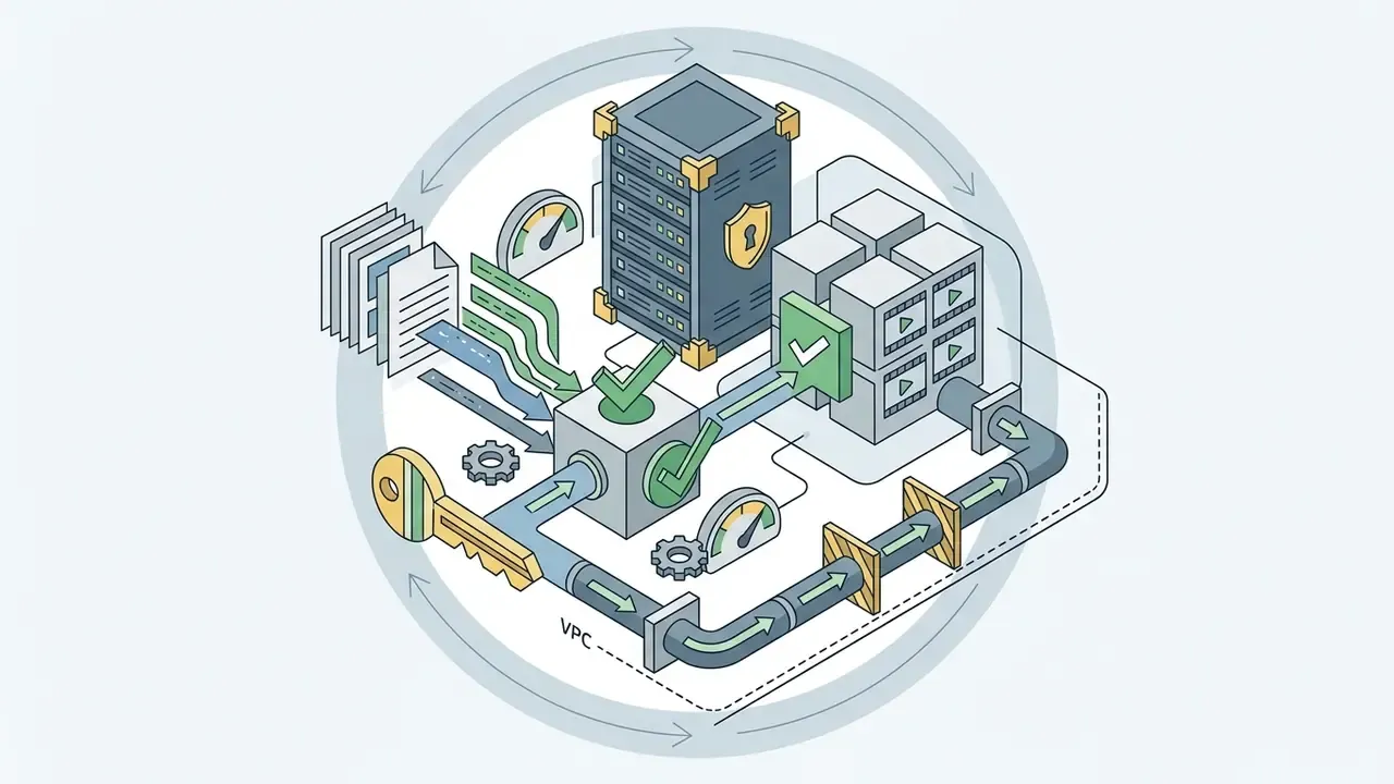 Documents and a key flowing through a secure processing pipeline toward isolated video storage servers