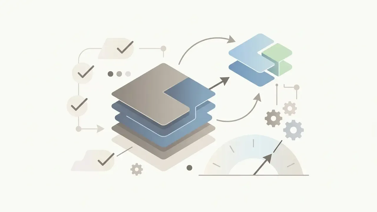 Layered blocks representing API retry cycles with a gauge and gear icons indicating system processing