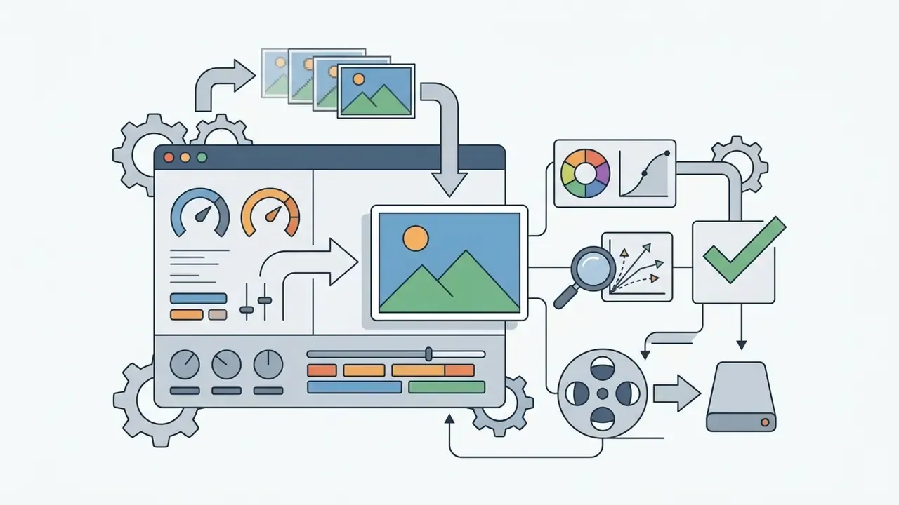 Software interface processing video frames through color grading, analysis, and final export tools
