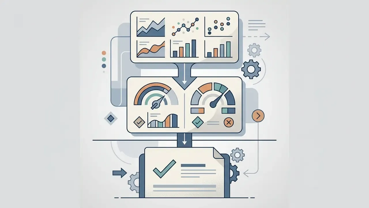 Charts and gauges flowing into a final document with a checkmark to represent a system evaluation process