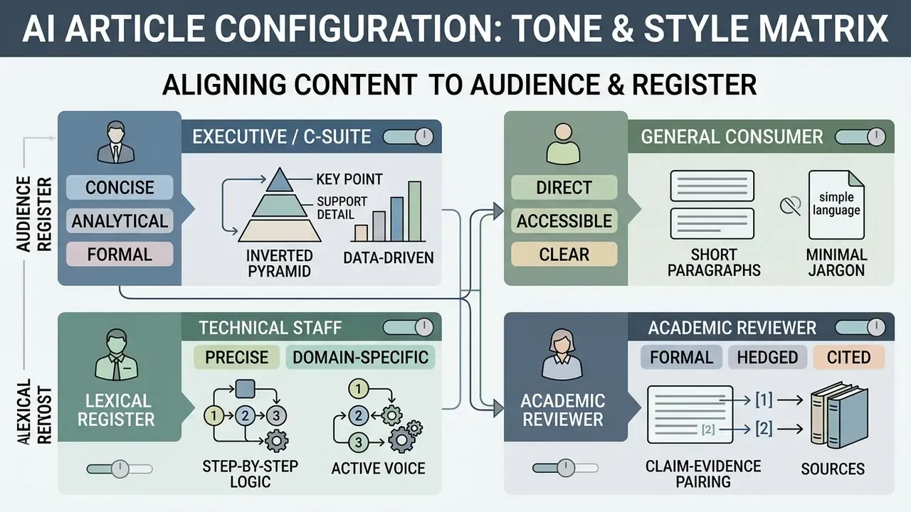 Matrix showing how target audiences like executives and academics align with specific writing styles