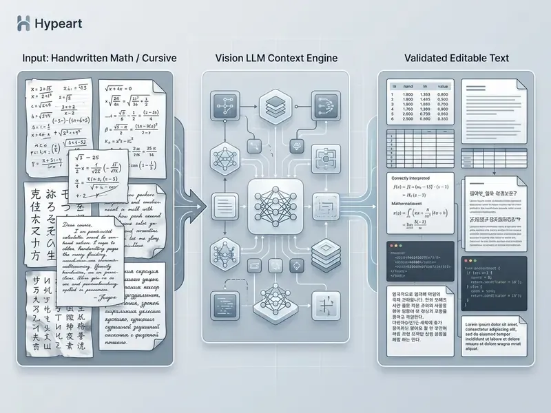 Process showing handwritten math and cursive notes converted into structured digital text via a neural engine