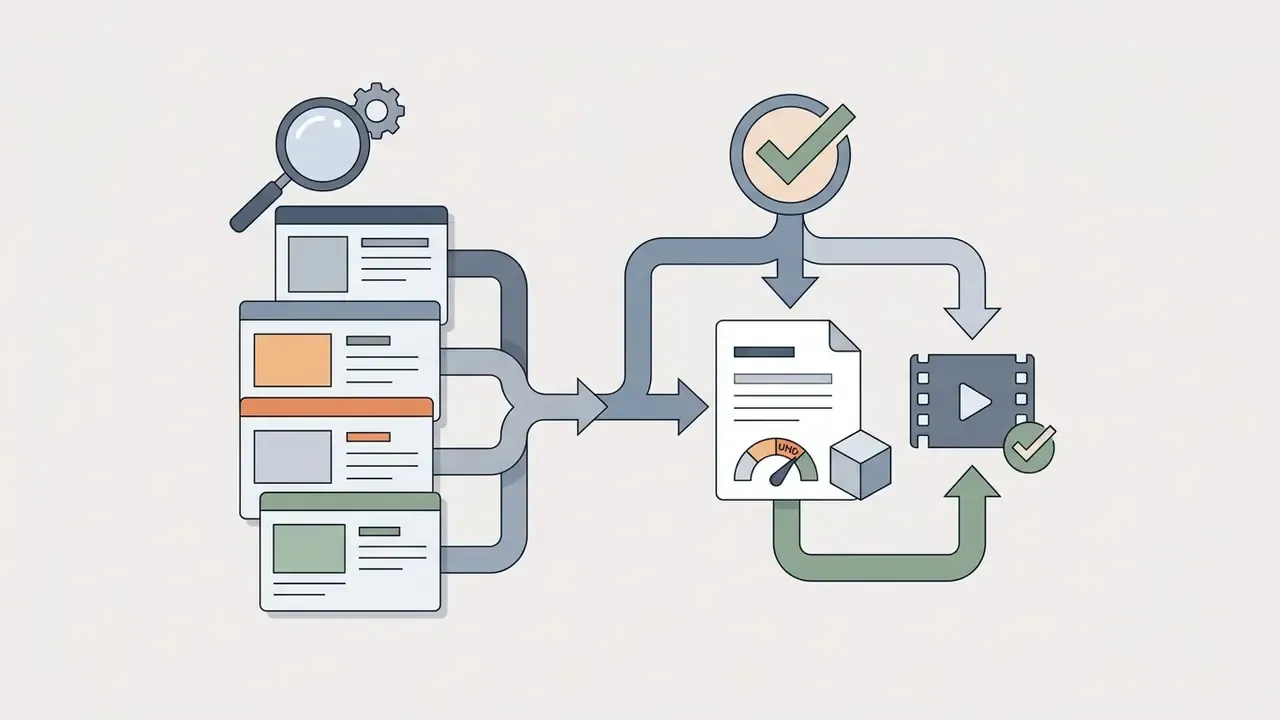 Process showing software research leading to file analysis and successful video export without watermarks