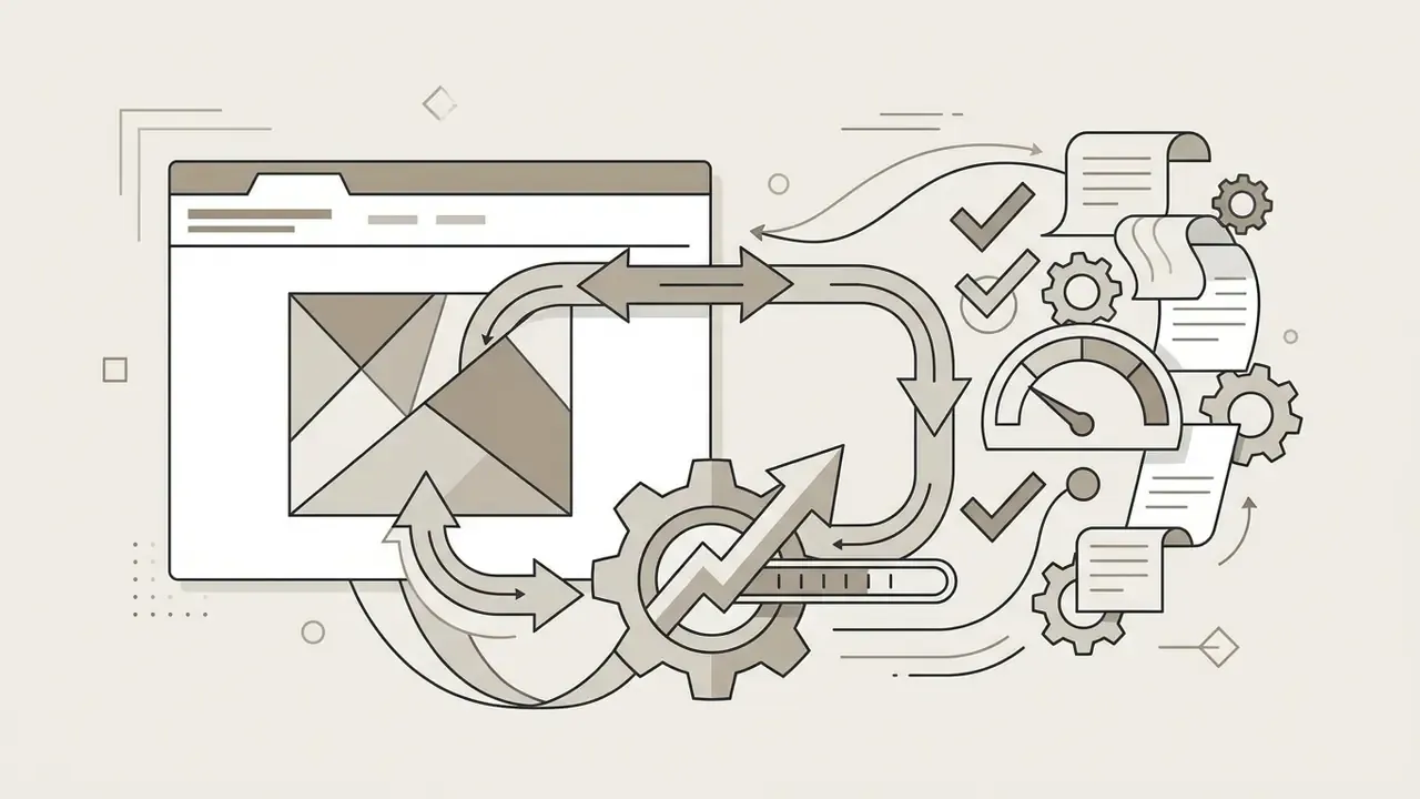 Browser window connected to a gear and speed gauge representing real time AI image generation data flow