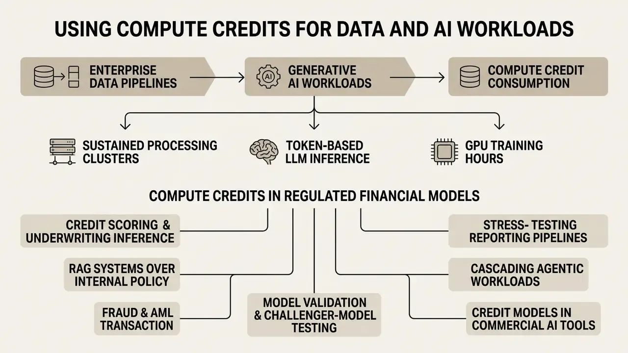 Flowchart mapping data pipelines and AI workloads to compute credit consumption in financial models