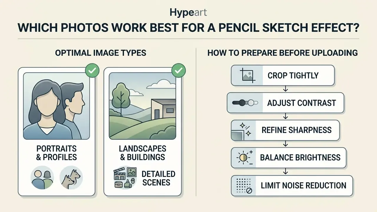 Infographic summarizing recommended image types and preparation steps to turn photo into sketch