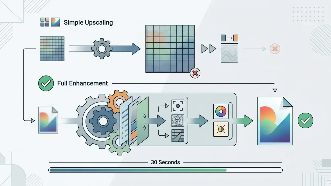 Flowchart contrasting simple pixel upscaling with multi-pass neural network image enhancement