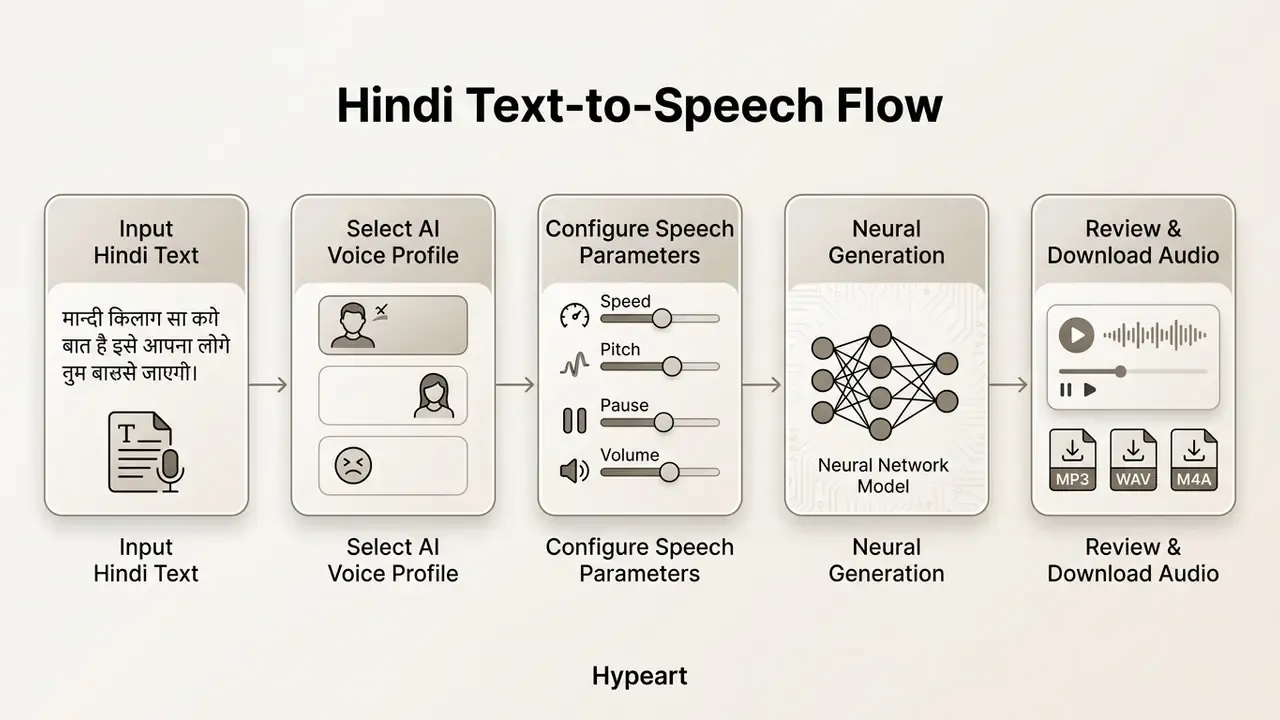 Five sequential steps illustrating the process of converting Hindi text into audio using AI voice models
