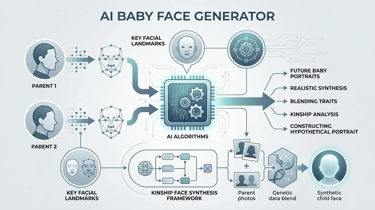 Infographic showing how AI algorithms process parent facial landmarks to synthesize a hypothetical child face